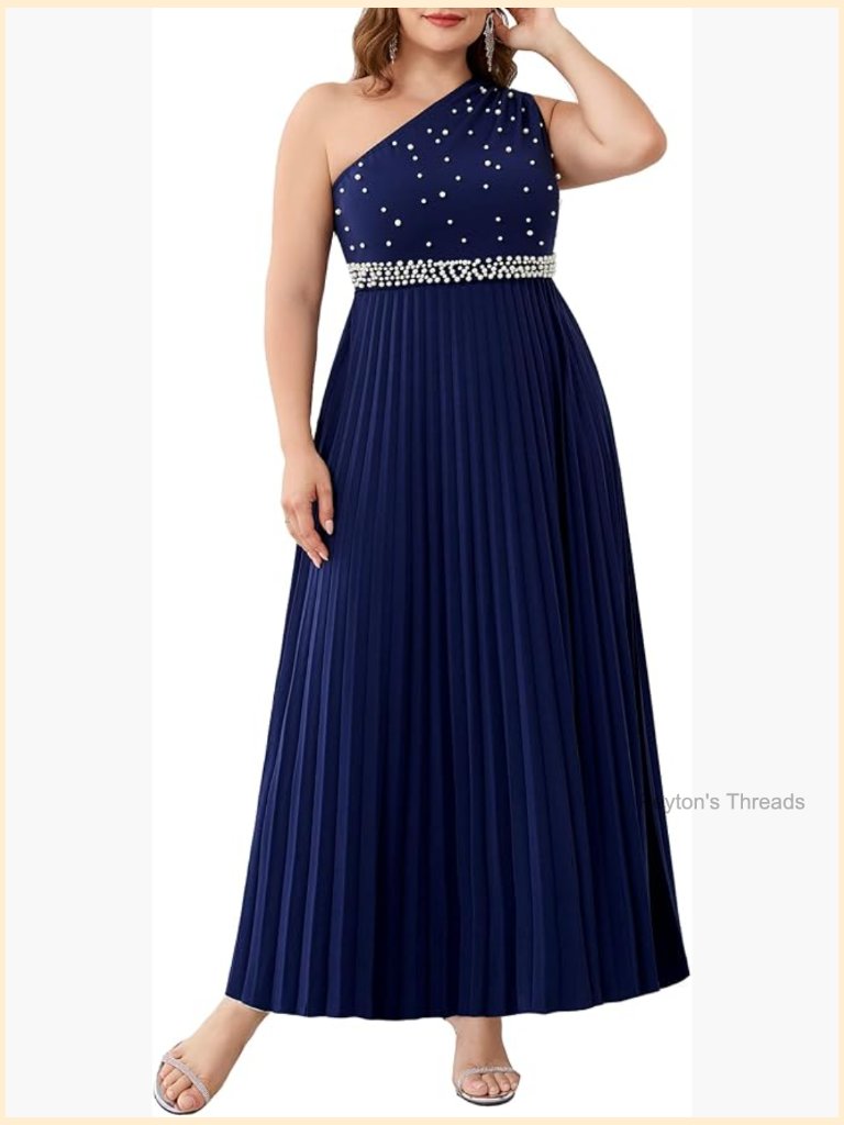 Plus Size One Shoulder Maxi Dress Pearl Sleeveless Pleated Formal Wedding Guest